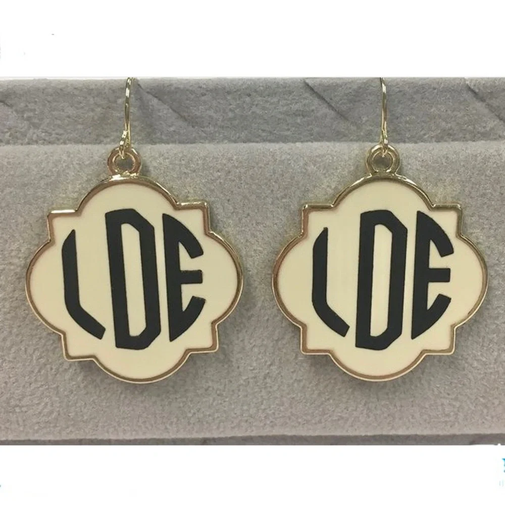 Custom Monogram Earrings Dangly Quatrefoil Cream Gold Pink Black Silver White